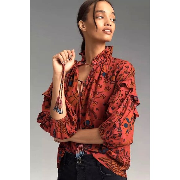 Anthropologie Tops - Anthropologie Farm Rio Puff Sleeve Tie Blouse Womens XL Vibrant Floral Whimsy